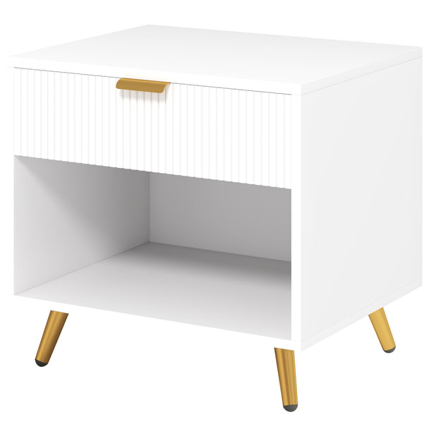 White bedside table with ribbed drawer, open shelf and gold-tone legs