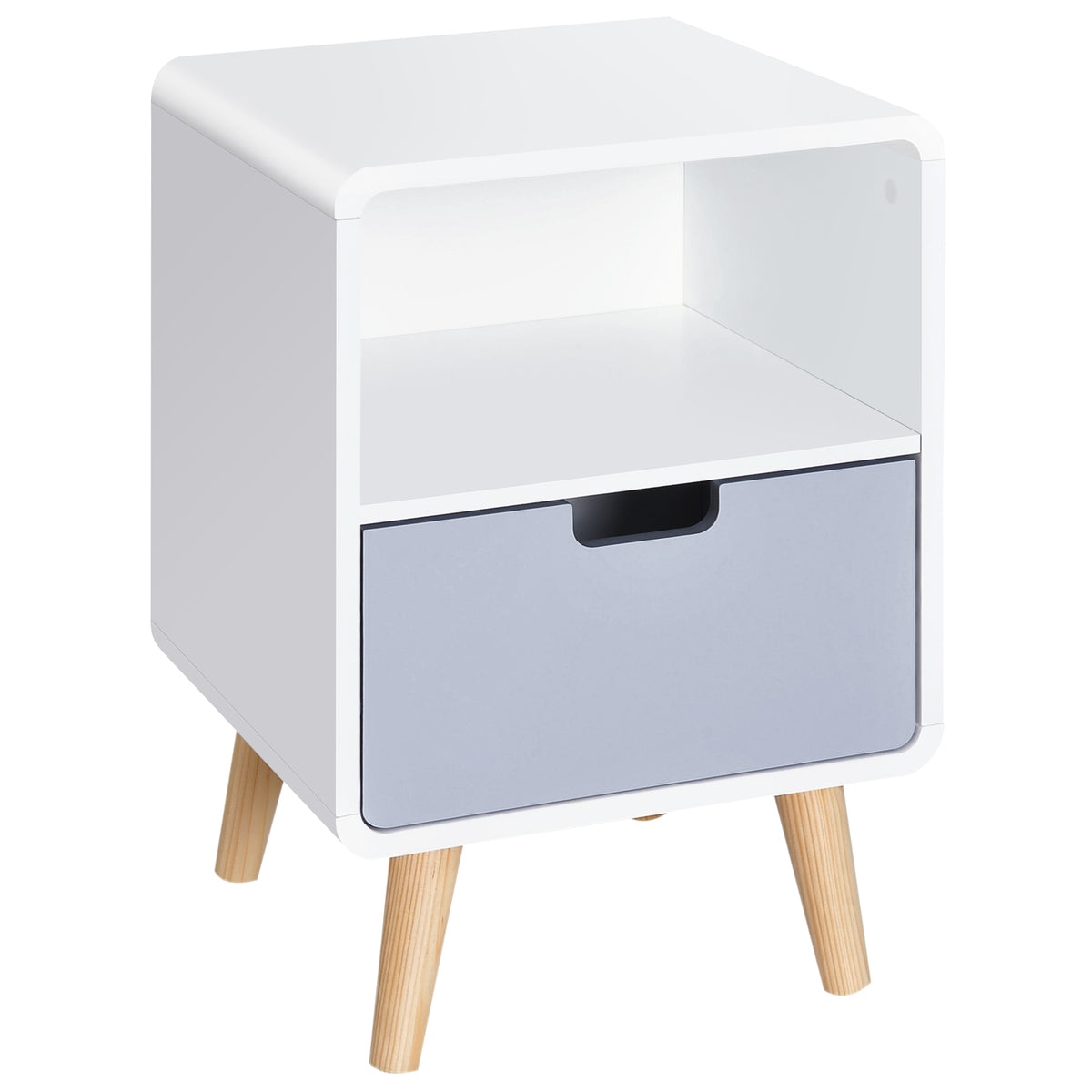 Scandinavian-style white bedside table with open shelf, grey drawer and natural wood tapered legs