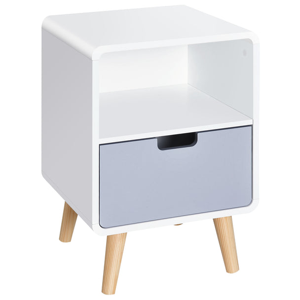 Scandinavian-style white bedside table with open shelf, grey drawer and natural wood tapered legs