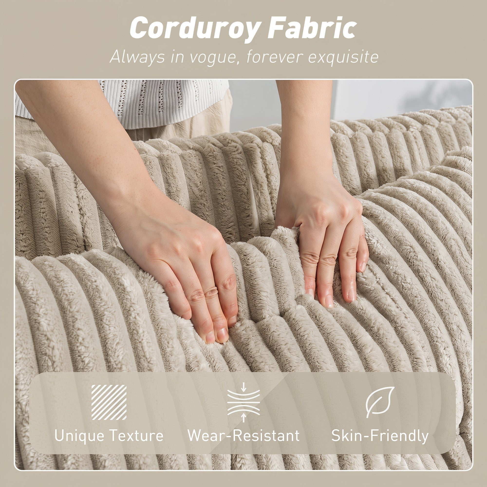 Corduroy Click Clack Sleeper Sofa with Pull Out Design, 2 Seater Sofa Bed, Cream White