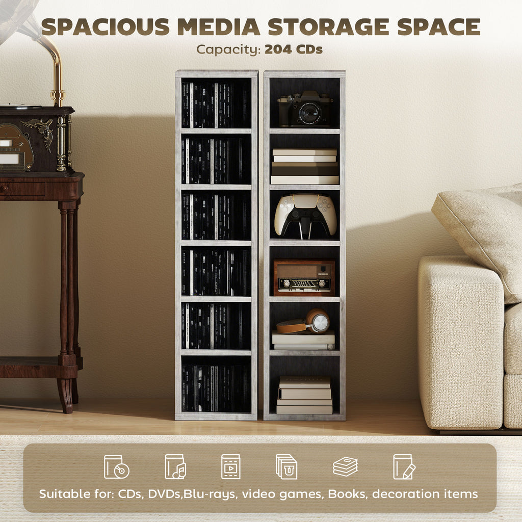 Set of 2 CD Media Display Shelf Unit Tower Rack with Adjustable Shelves, Grey