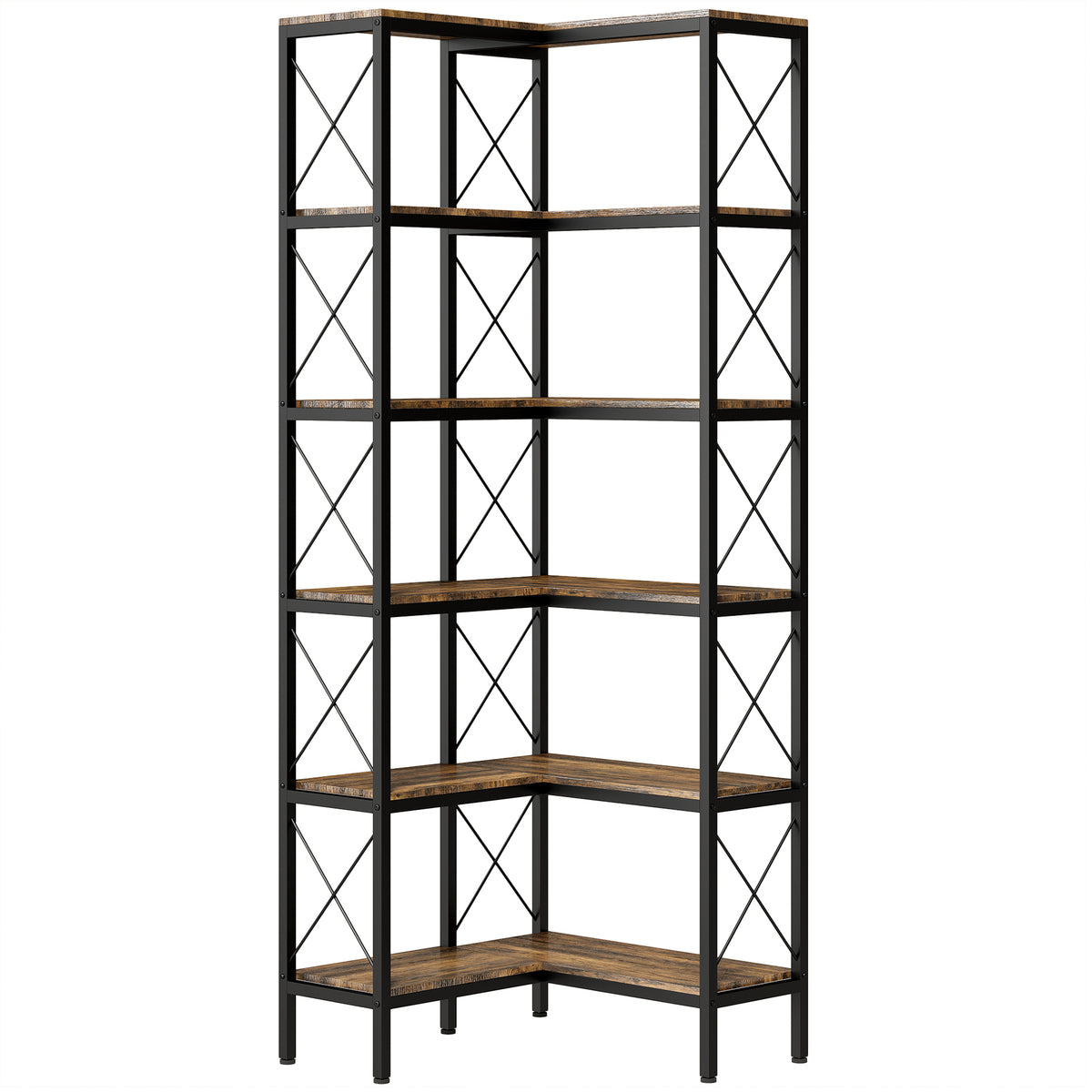 5-Tier L-Shaped Corner Bookcase with Metal Frame – Rustic Brown
