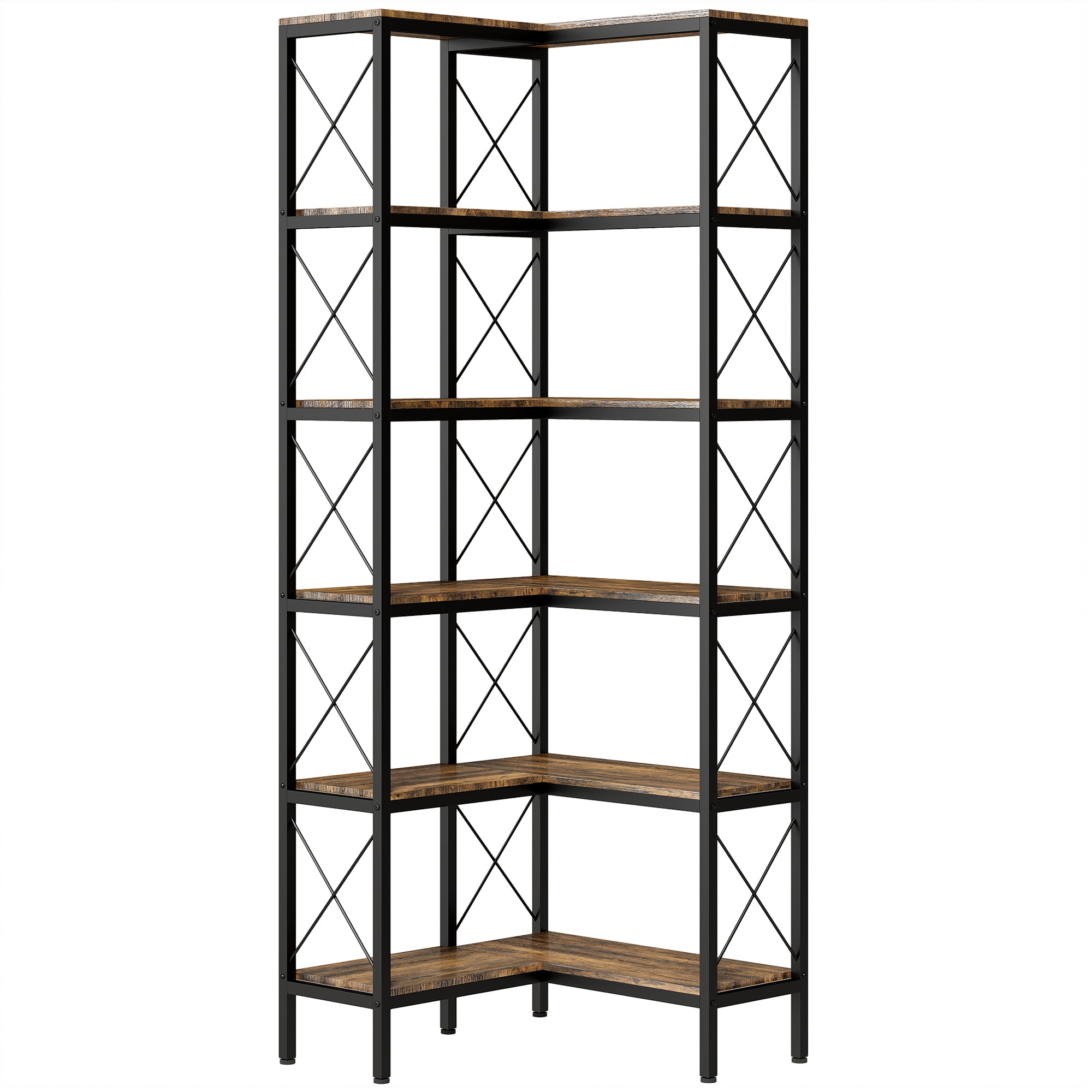 5-Tier L-Shaped Bookshelf, Freestanding Corner Bookcase with Metal Frame, Rustic Brown