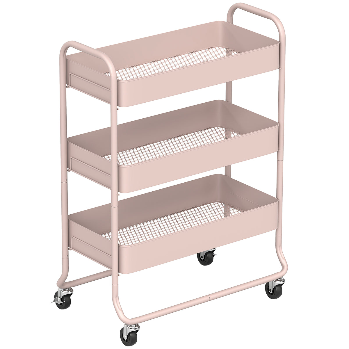 3-Tier Rolling Storage Trolley with Mesh Baskets – Light Pink
