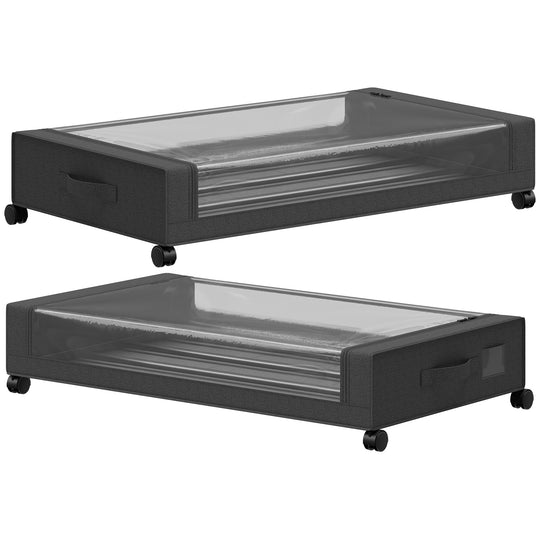 HOMCOM 40L Under Bed Storage On Wheels Pack of 2, Fabric Rolling Under Bed Drawers with Clear Lid, Zip, Steel Frame