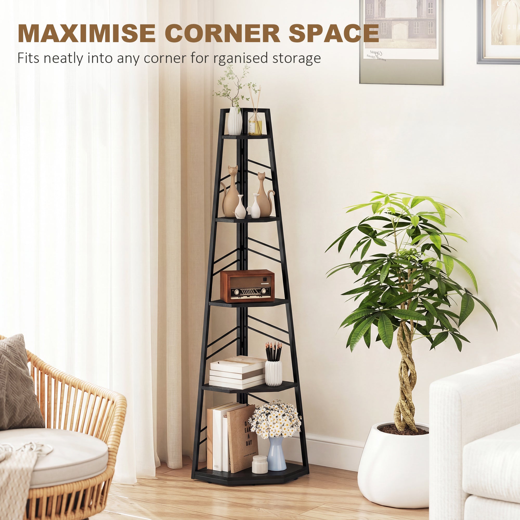 Corner Bookcase, 5-Tier Floor Standing Bookshelf, Shelving Unit for Living Room, Study, Bedroom, Black