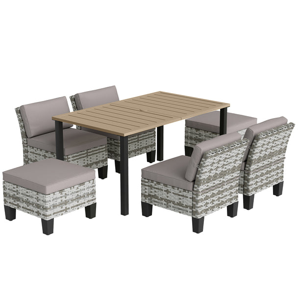 Grey 7-piece rattan dining set with four chairs, two footstools and slatted metal table
