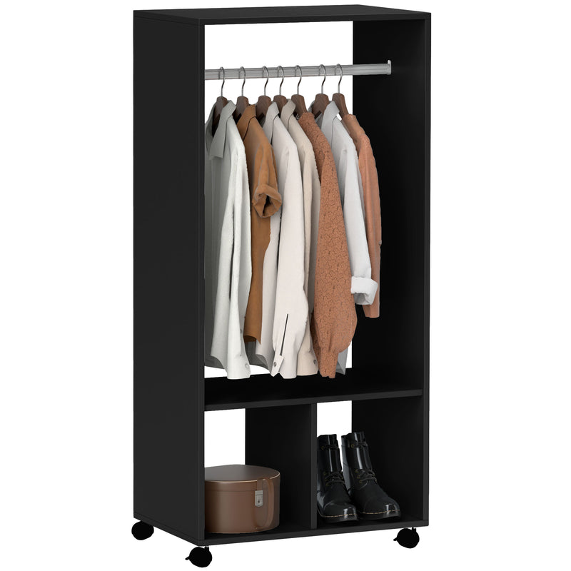 Slim 60 cm black open wardrobe on wheels with hanging rail and two shelves