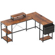 Rustic brown reversible L-shaped desk with monitor stand, side shelves and fabric storage bag