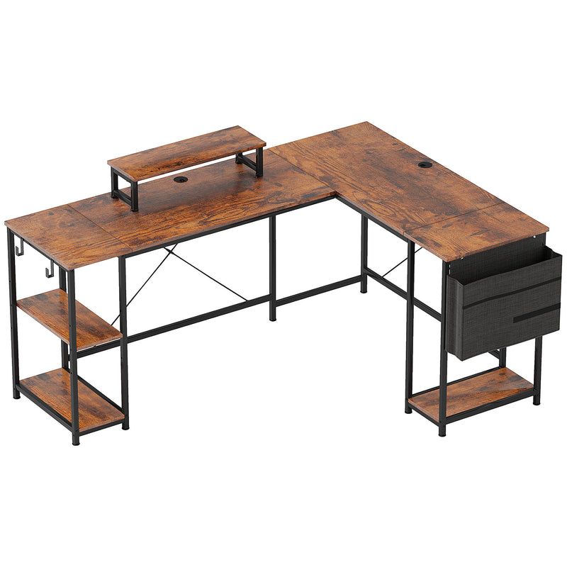 Rustic brown reversible L-shaped desk with monitor stand, side shelves and fabric storage bag