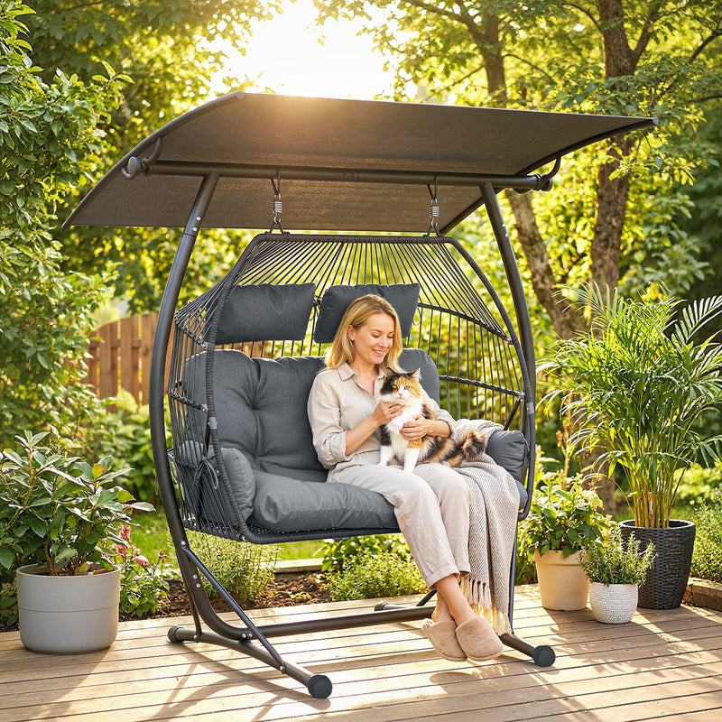 Outsunny Double Hanging Egg Chair with Canopy, Rattan Garden Egg Swing Chair with Cushion, Stand for Indoor Outdoor – view 2