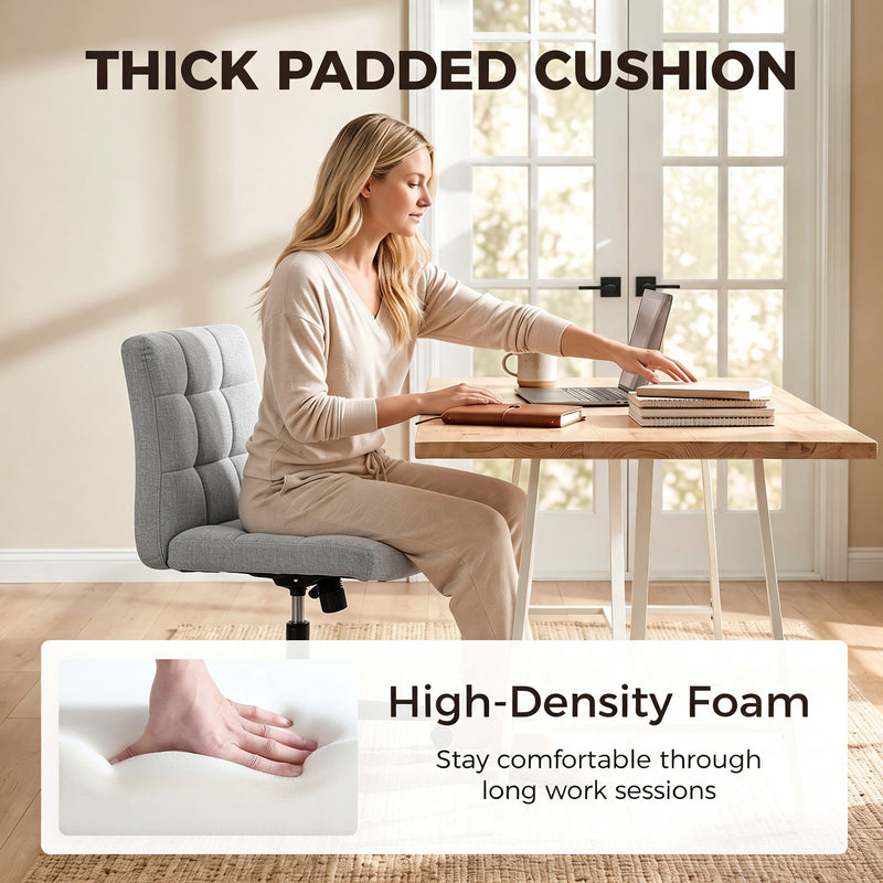 HOMCOM Armless Office Chair, Cross Legged Linen Computer Desk Vanity Chair with Wide Seat, Rocking Function, Grey – view 5