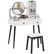 White 90 cm dressing table with round mirror, drawers, open side shelves and matching stool