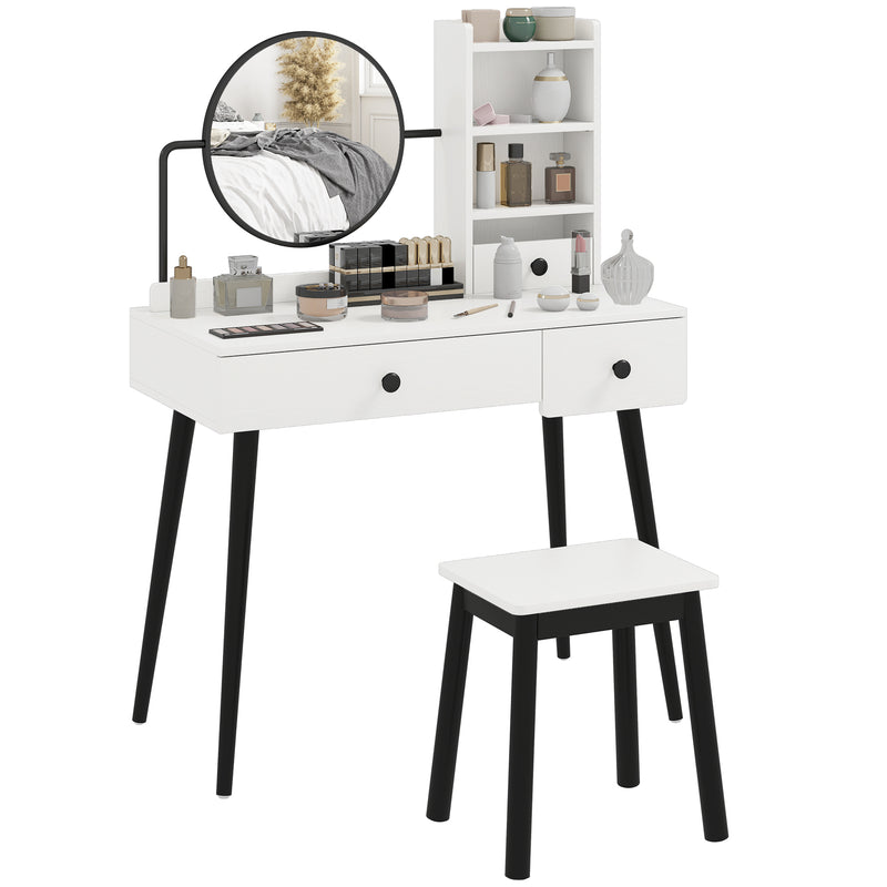 White 90 cm dressing table with round mirror, drawers, open side shelves and matching stool