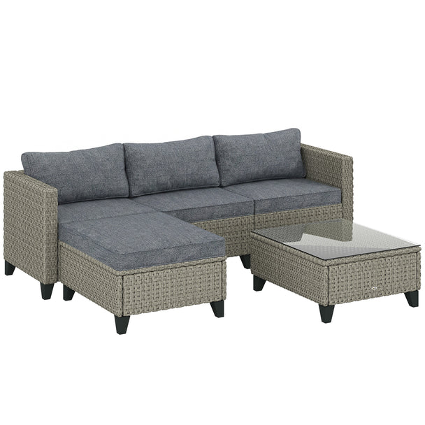 5-piece dark grey modular rattan corner sofa set with footstool and glass-top table