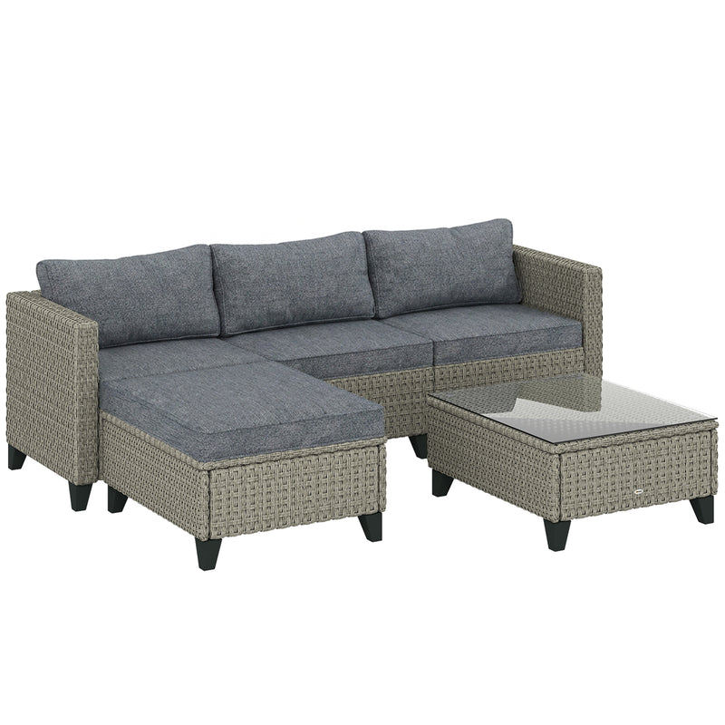 5-piece dark grey modular rattan corner sofa set with footstool and glass-top table