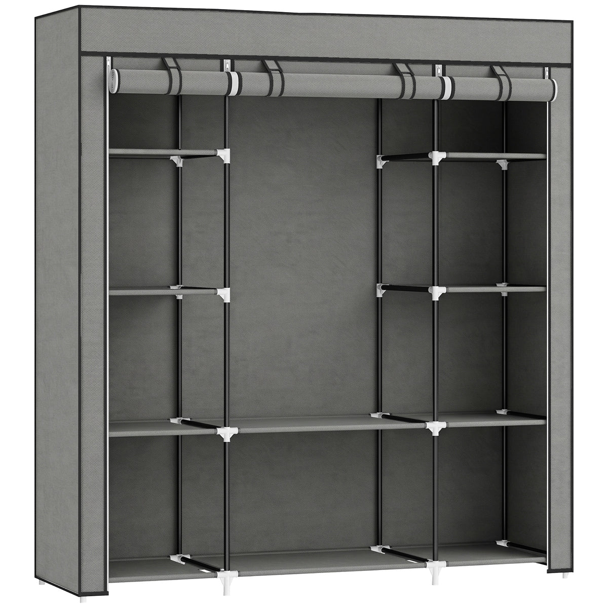 Dark grey foldable fabric wardrobe with hanging rail, ten shelves and roll-up zipped doors