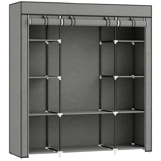 Dark grey foldable fabric wardrobe with hanging rail, ten shelves and roll-up zipped doors