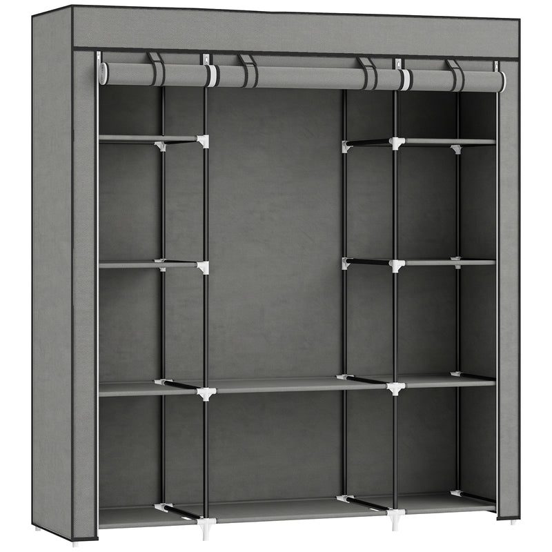 Dark grey foldable fabric wardrobe with hanging rail, ten shelves and roll-up zipped doors