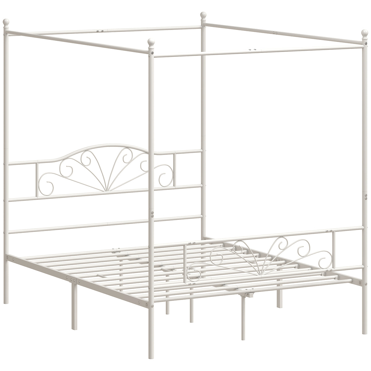 White 5ft king metal four-poster canopy bed frame with patterned headboard