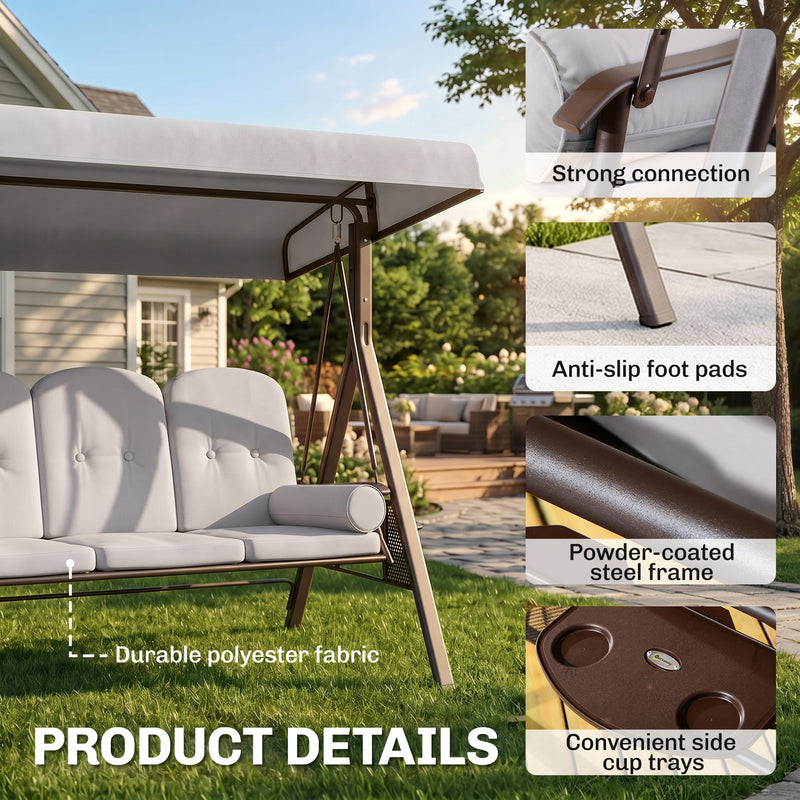 Outsunny 3 Seater Canopy Swing Chair, Outdoor Garden Swing Seat with Adjustable Canopy, Cushions and Cup Trays, Steel – view 5