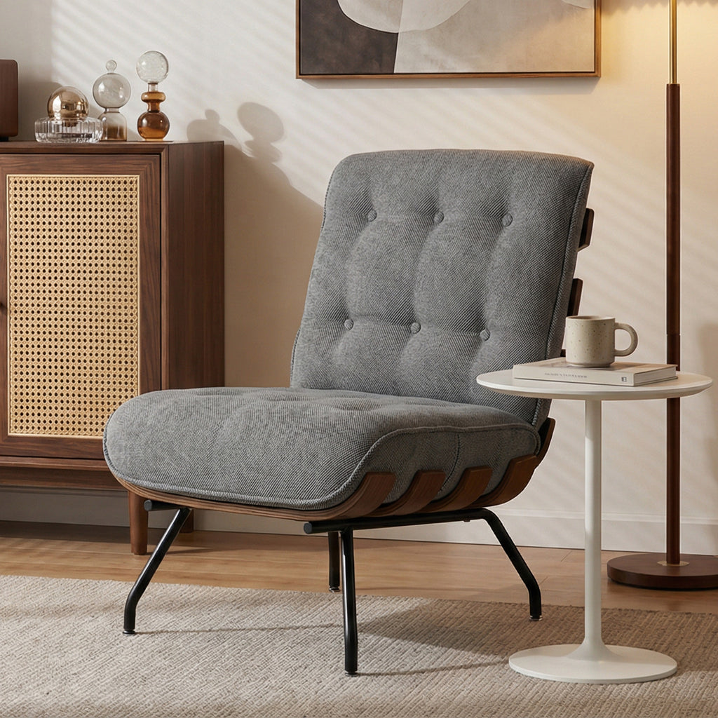 Accent Chair, Linen-look Fabric Reading Chair with Spring Cushion, Slatted Support, Steel Frame, Dark Grey