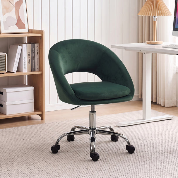 HOMCOM Velvet Desk Chair, Modern Office Chair with Height-Adjustable, Wheels, for Home Study Bedroom, Dark Green – view 2