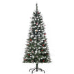5ft slim green pencil Christmas tree with snow flecks, red berries and pine cones