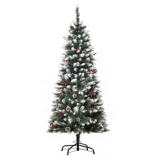 5ft slim green pencil Christmas tree with snow flecks, red berries and pine cones