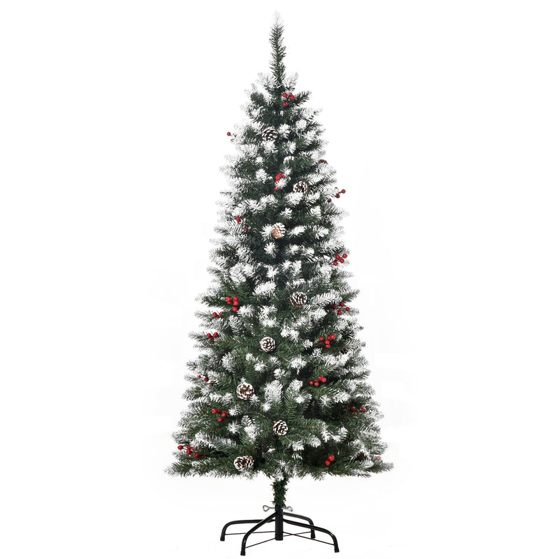 5ft slim green pencil Christmas tree with snow flecks, red berries and pine cones