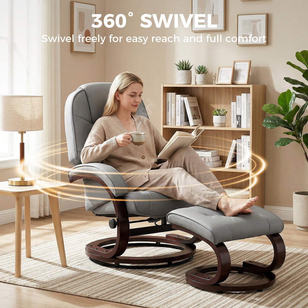 Swivel Recliner Chair with Footstool, PU Leather Recliner Armchair with Adjustable Back and Wood Frame, Grey