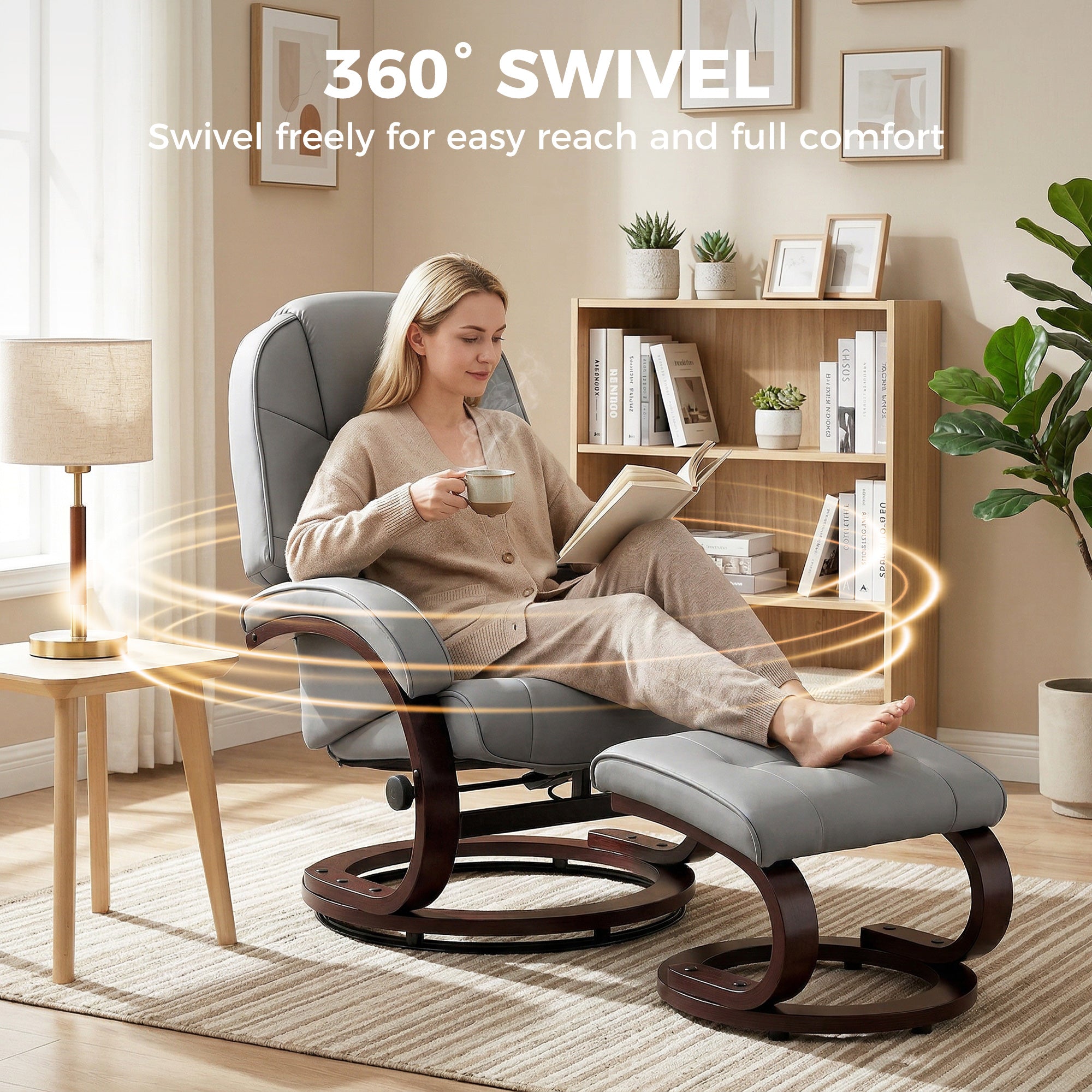 Swivel Recliner Chair with Footstool, PU Leather Recliner Armchair with Adjustable Back and Wood Frame, Grey