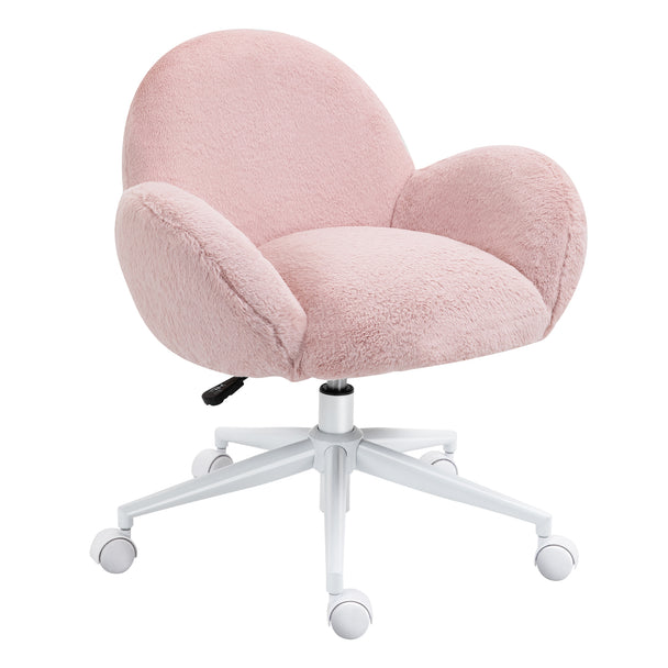 Pink fluffy faux fur tub desk chair with rounded armrests on a white five-wheel swivel base
