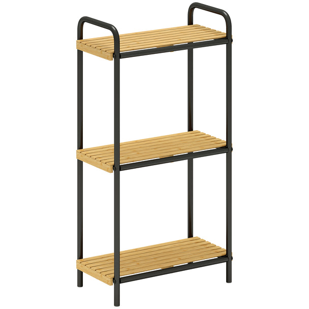 3-tier freestanding bathroom shelf unit with slatted bamboo shelves and black steel frame