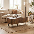Coffee Table with Storage, Living Room Table with Slatted Tambour Sliding Doors and Adjustable Foot Pads, Rectangular Coffee Table with Elevated Base for Living Room, Rustic Brown