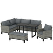 Outsunny 9 Seater Rattan Garden Furniture Corner Sofa Set, Outdoor Dining Set with Faux Wood Table, Ottoman, Cushions