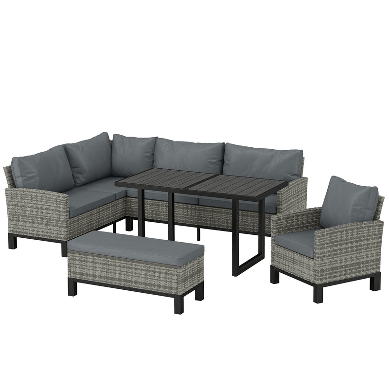 Outsunny 9 Seater Rattan Garden Furniture Corner Sofa Set, Outdoor Dining Set with Faux Wood Table, Ottoman, Cushions