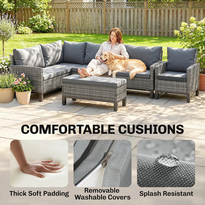 Outsunny 9 Seater Rattan Garden Furniture Corner Sofa Set, Outdoor Dining Set with Faux Wood Table, Ottoman, Cushions – view 6