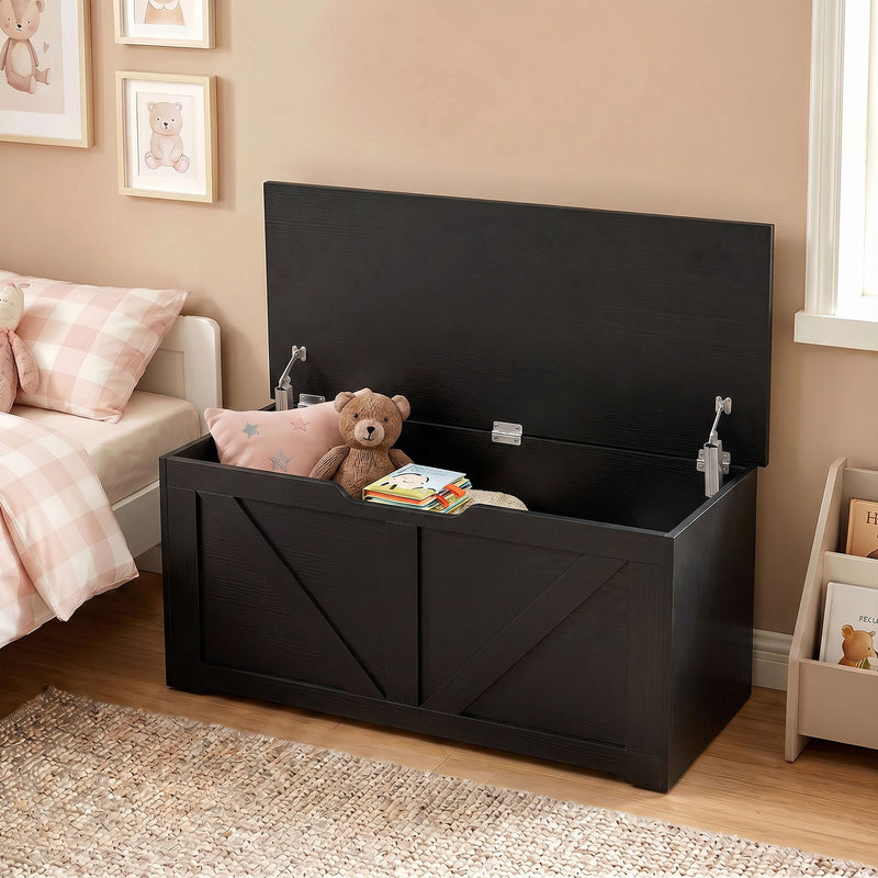 HOMCOM 127L Home Storage Box, with Safety Hinges - Black Wood-Effect – view 8