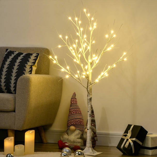 4ft Pre-Lit White Birch Tree illuminated in a room