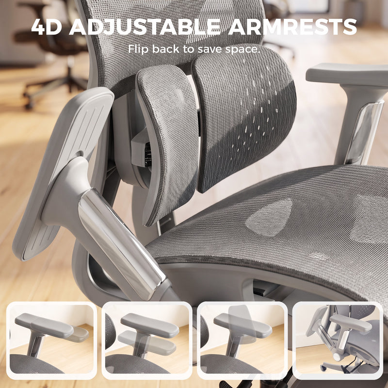 HOMCOM Ergonomic Office Chair with Lumbar Support, Mesh Reclining Desk Chair with Footrest, Adjustable High Back, Grey – view 6