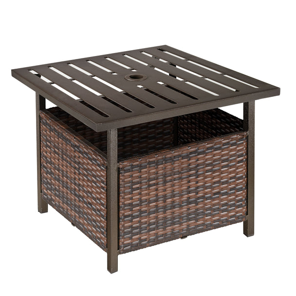 Brown square rattan side table with slatted top, storage box and parasol hole