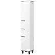 190 cm tall slim white bathroom cabinet with black accents, two cupboards and middle drawer