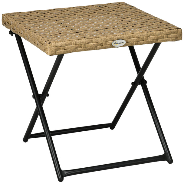 Natural wood-tone 40 cm square folding rattan side table with steel frame