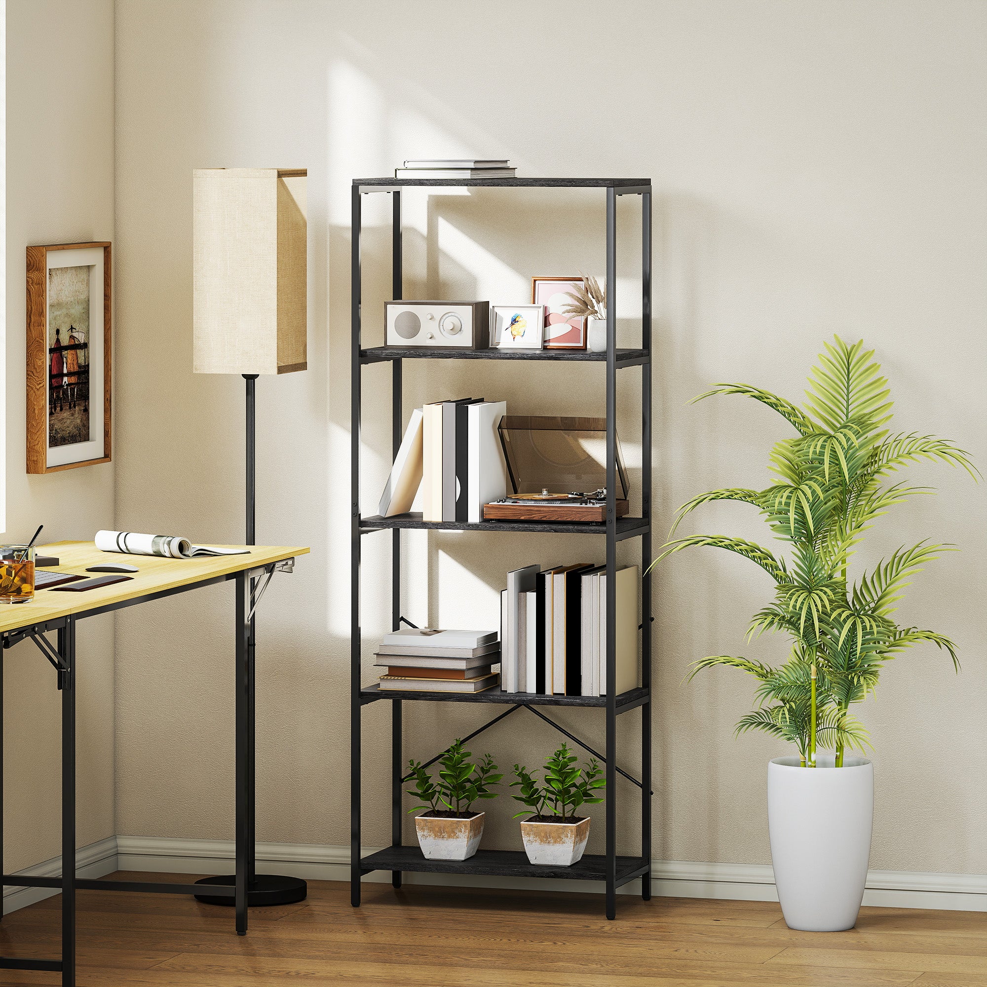 5-Tier Bookshelf, Industrial Bookcase with Metal Frame - Dark Grey and Black