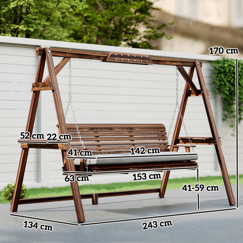 Outsunny 3 Seater Garden Swing Seat, Wooden Swing Chair Bench with Cushion, Side Trays and Metal Chains, for Outdoor – view 3