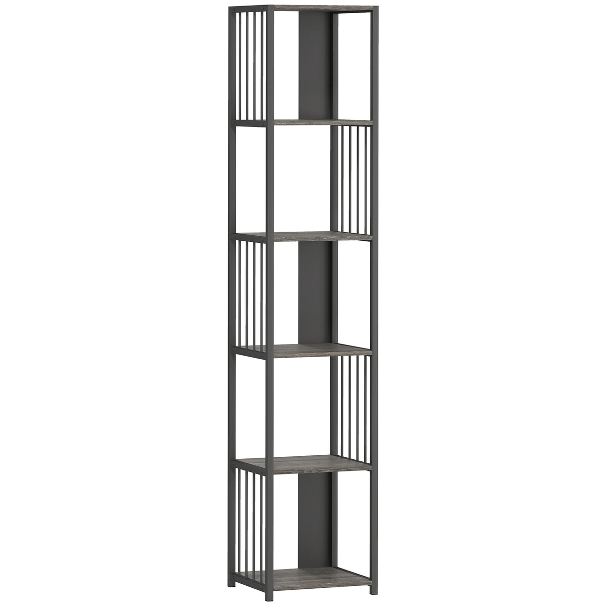 5-Tier Narrow Bookshelf with Steel Frame – Grey