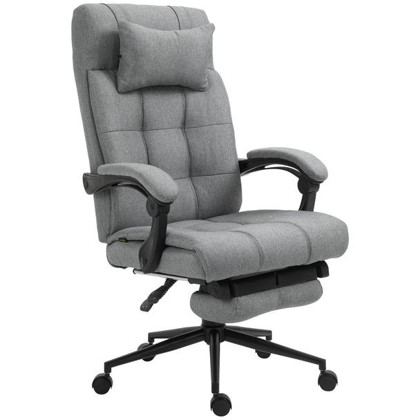 Light grey linen-look reclining office chair with head pillow, padded armrests and pull-out footrest