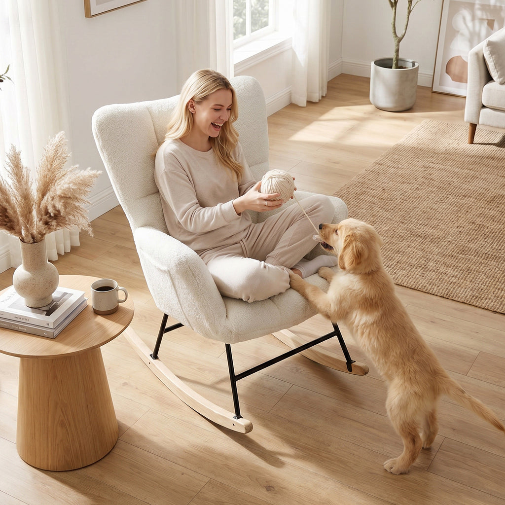 Rocking Chair, Teddy Fleece Rocker Chair with Tufted Wingback, Side Pockets, Rubber Wood Legs, Cream White
