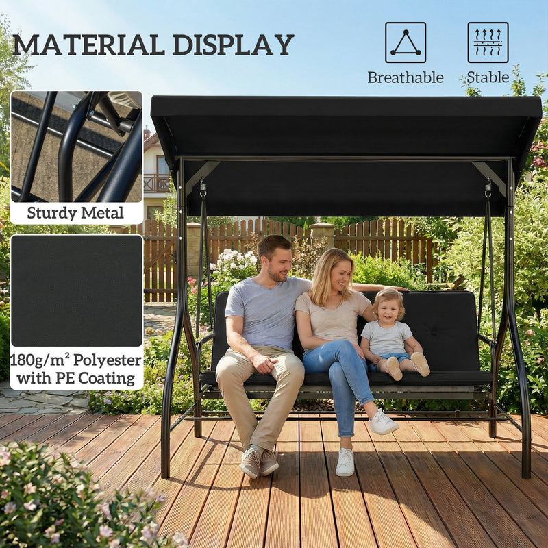Outsunny 3 Seater Canopy Swing Chair, 2 in 1 Garden Swing Seat Bed, with Adjustable Canopy and Metal Frame, Black – view 7
